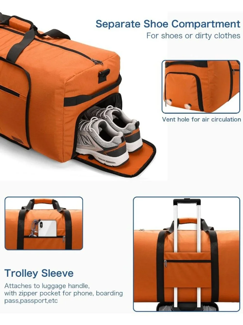 Extra Large 80L Waterproof Duffle Bag for Travel, Foldable with Shoe Compartment